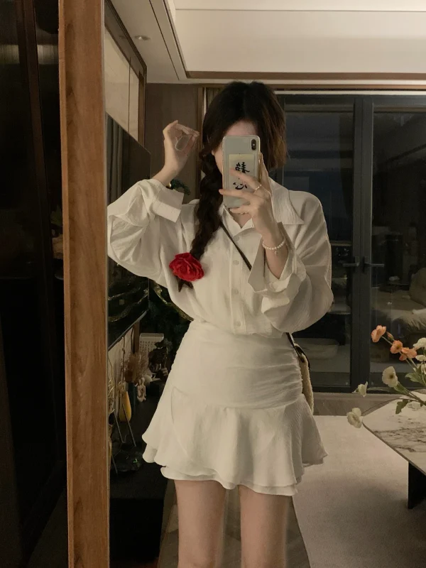 大码赫本风假两件连衣裙女秋季收腰显瘦衬衫裙胖mm辣妹包臀短裙子 - 图片 4