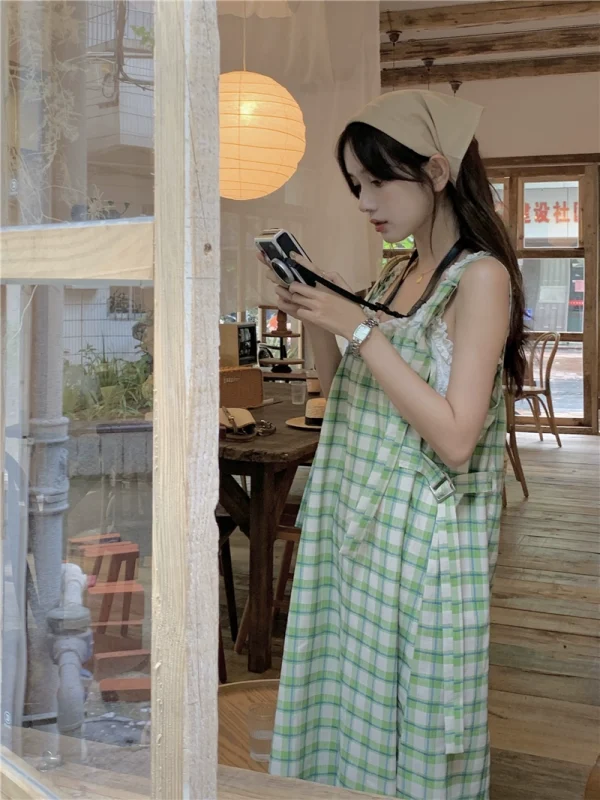 PPHOME翠果茵茵~夏日青绿甜格可调节格纹背带裙潮连衣裙两件套女 - 图片 3