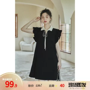 【福利清仓】夏小个子休闲黑色法式气质设计感小众飞飞袖连衣裙女