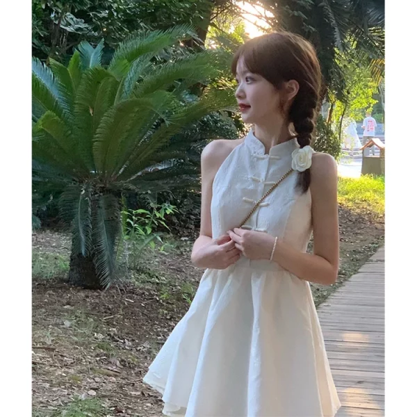国风新中式复古立领盘扣连衣裙春季2024新款气质少女感无袖短裙女 - 图片 3