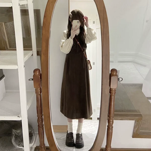小个子背带连衣裙女装早秋穿搭2025新款长裙千金风巨好看的两件套 - 图片 3
