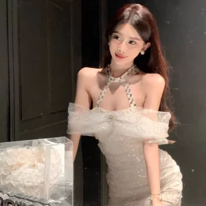 法式网纱重工party晚礼服女高级性感名媛气质亮片镶钻挂脖连衣裙