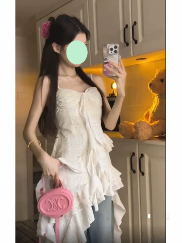 法式超仙不规则裙摆碎花长裙牛仔裤叠穿辣妹裙子吊带连衣裙女夏季 - 图片 5