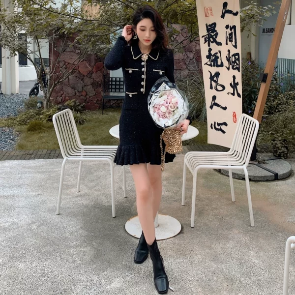 2024春装名媛千金小香风法式温柔甜美针织翻领长袖连衣裙毛衣短裙 - 图片 4