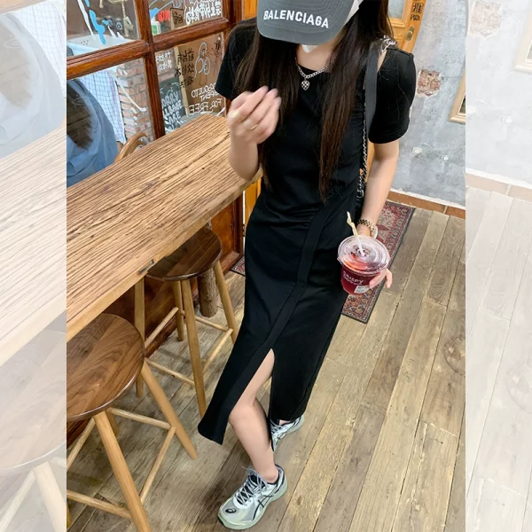 曾小咸短袖开叉连衣裙女夏季气质高级感收腰显瘦露肩辣妹t恤长裙 - 图片 2