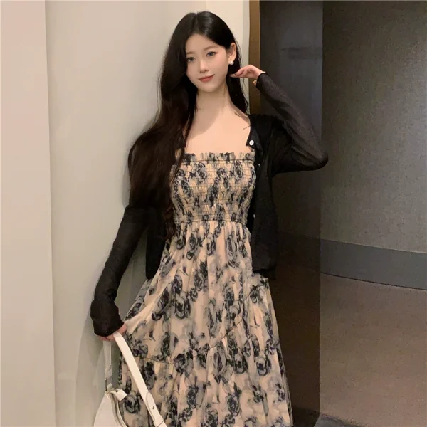 大码法式碎花吊带连衣裙外搭罩衫胖mm显瘦裙子女2024新款夏季长裙 - 图片 4