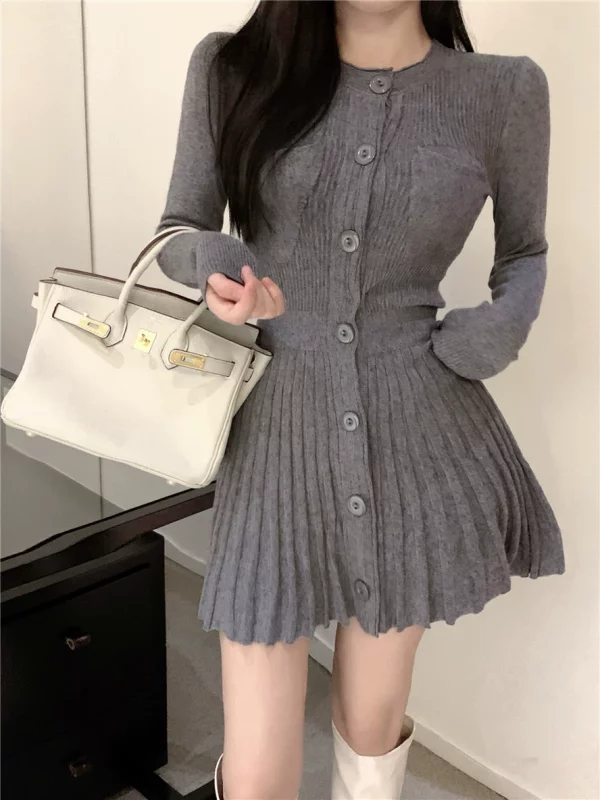 长袖针织连衣裙女小个子百褶短裙2022秋冬新款打底裙收腰内搭裙子 - 图片 2