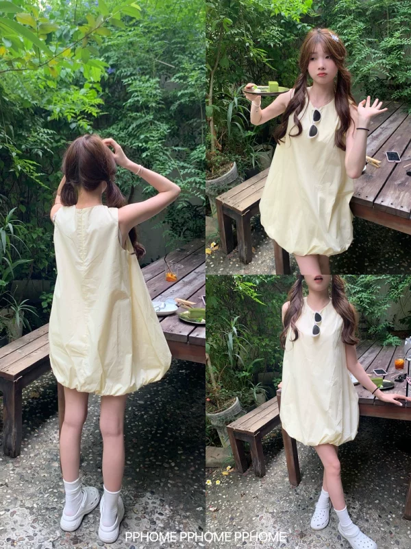 PPHOME自制~甜妹出游记 花苞裙夏季可爱圆领背心裙蓬蓬背心连衣裙 - 图片 4