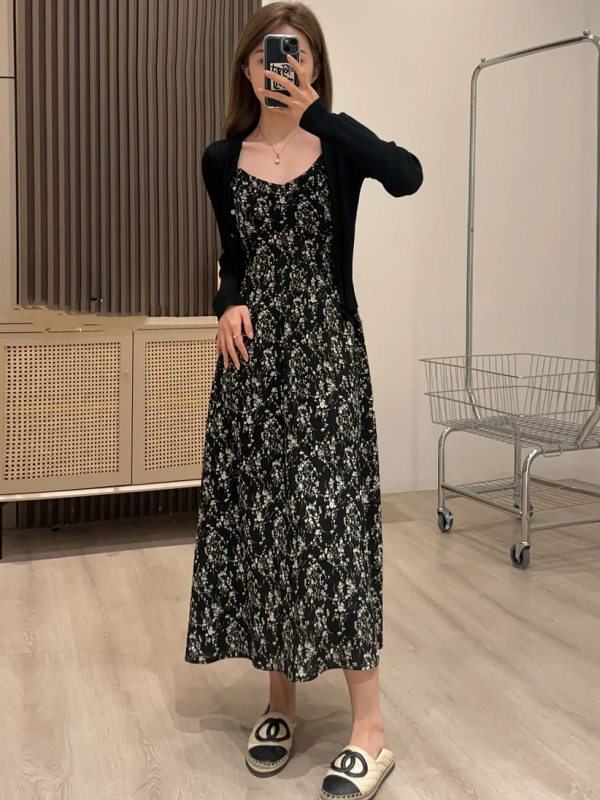法式碎花吊带连衣裙+开衫套装女春夏小个子茶歇洋气显瘦气质长裙 - 图片 2