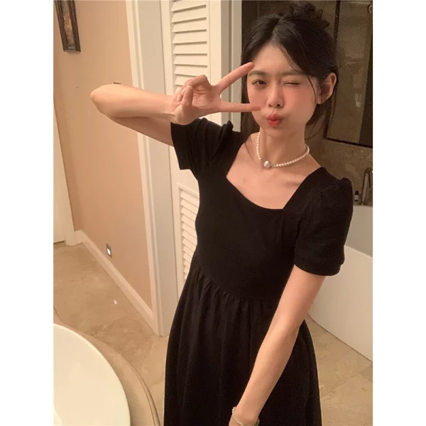 法式气质方领开叉连衣裙夏季新款高腰修身气质别致短袖黑色长裙女 - 图片 5