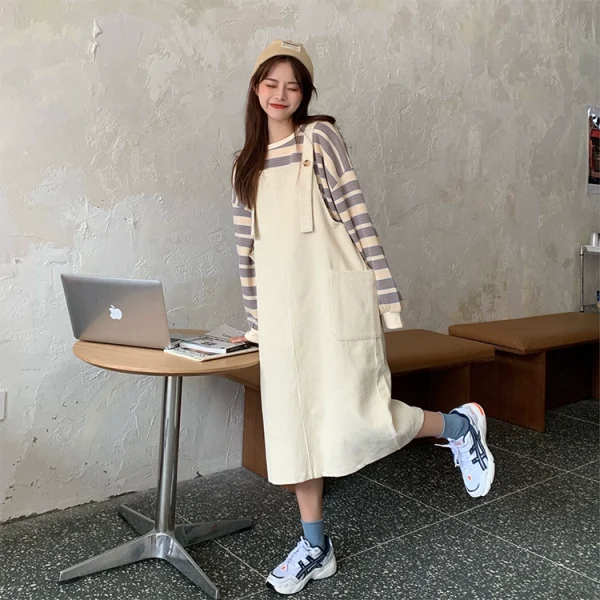 灯芯绒背带裙套装女秋季2023新款韩版少女减龄可爱小个子连衣裙子 - 图片 2
