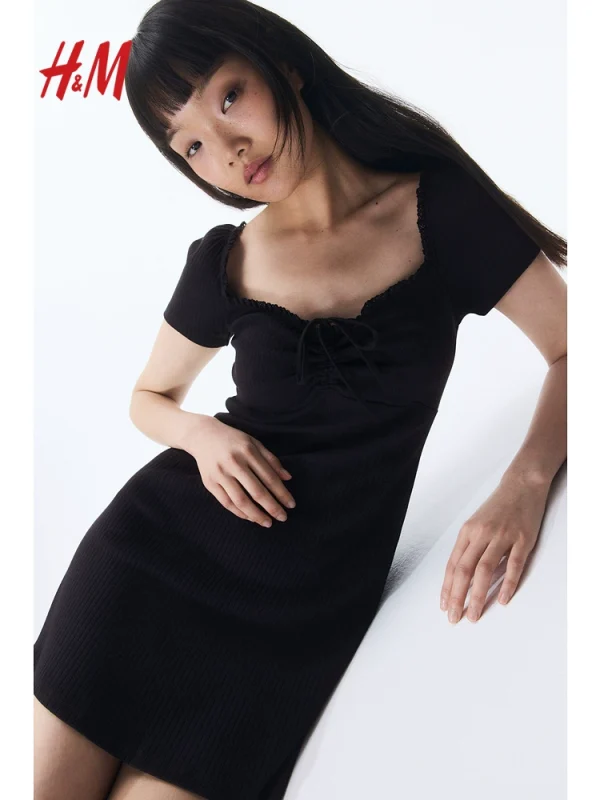 HM女装连衣裙2025年夏季新款蕾丝边喇叭裙摆时尚连身裙1275441 - 图片 2