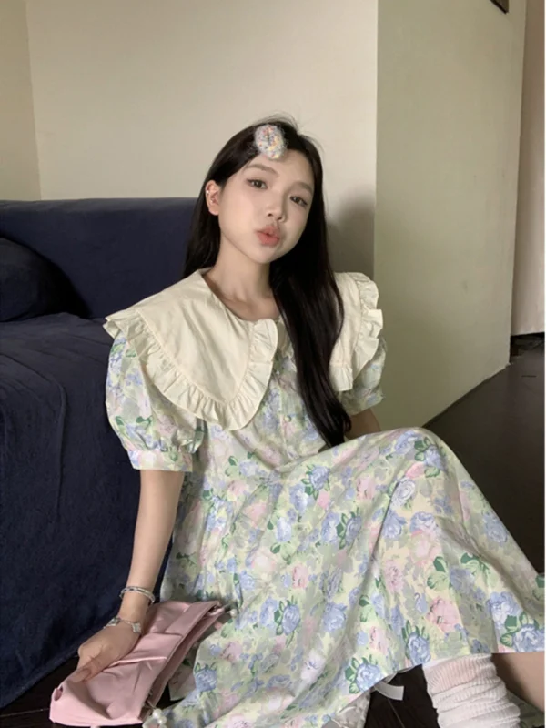 温柔风娃娃领碎花连衣裙女夏季新款法式减龄小个子泡泡袖中长裙子 - 图片 2