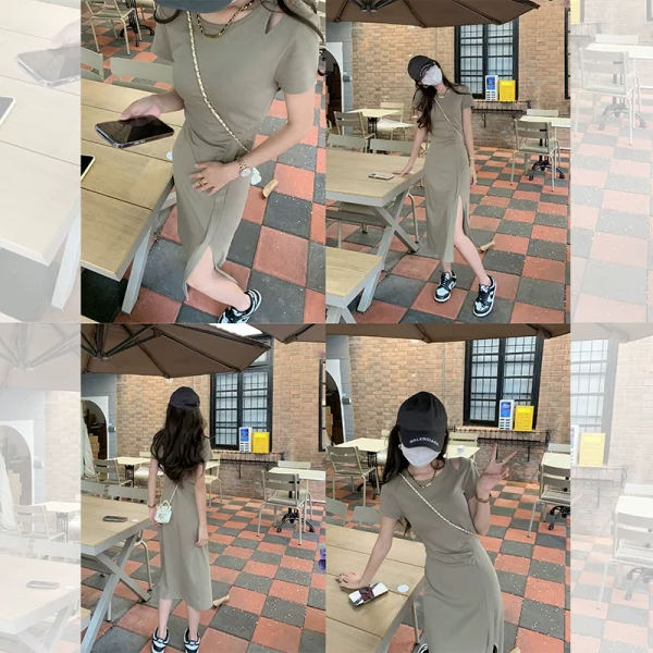曾小咸短袖开叉连衣裙女夏季气质高级感收腰显瘦露肩辣妹t恤长裙 - 图片 4