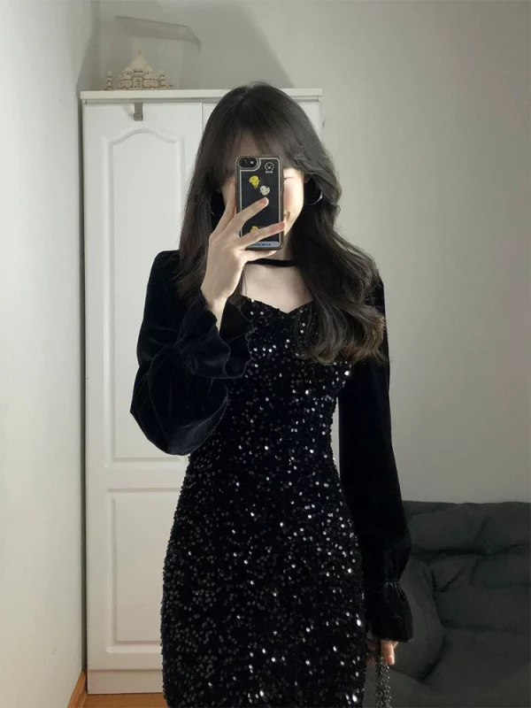 大码法式黑色亮片丝绒鱼尾连衣裙女秋冬高级感轻奢气质生日礼服裙 - 图片 2