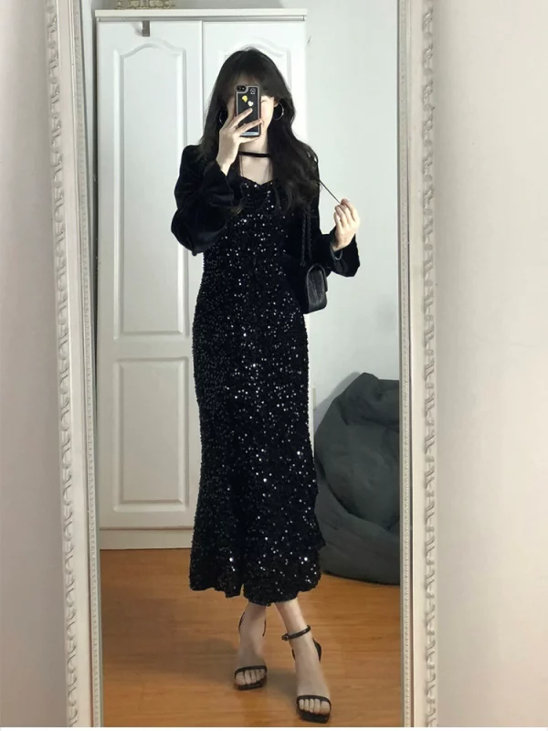 大码法式黑色亮片丝绒鱼尾连衣裙女秋冬高级感轻奢气质生日礼服裙 - 图片 4