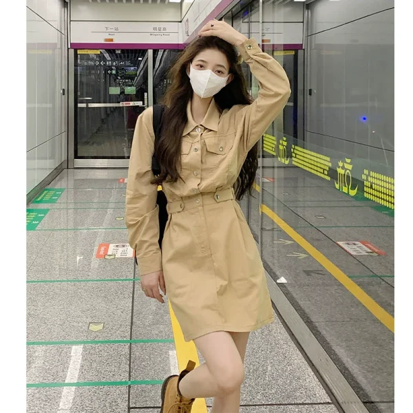 美式工装连衣裙女早秋2023新款POLO领收腰显瘦可盐可甜长袖A字裙 - 图片 2