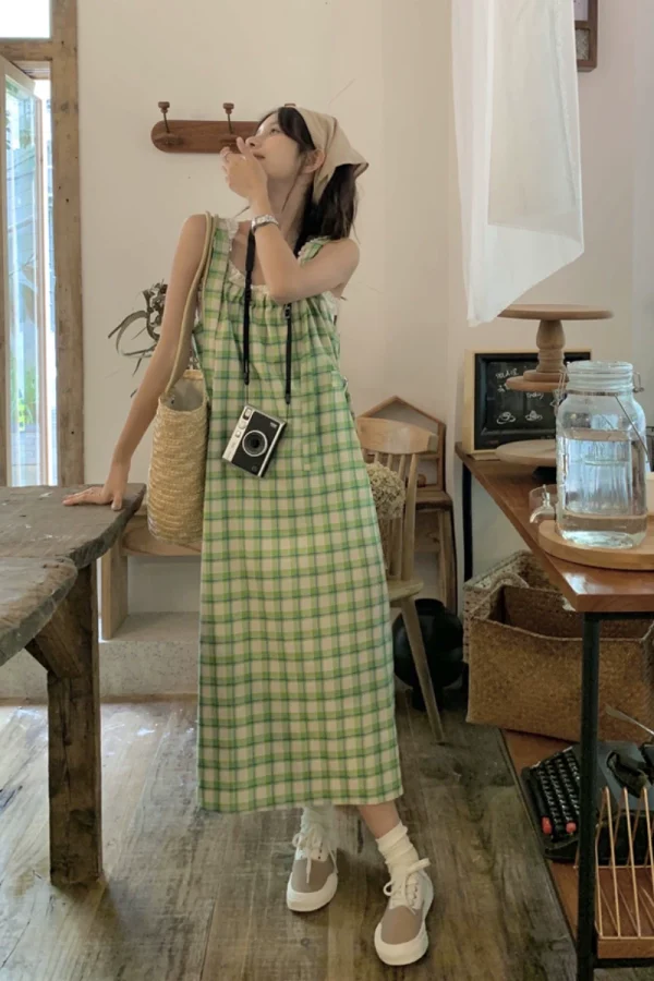 PPHOME翠果茵茵~夏日青绿甜格可调节格纹背带裙潮连衣裙两件套女 - 图片 6
