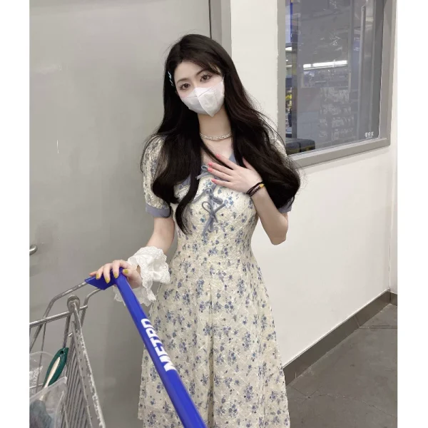 法式雪纺碎花连衣裙2022新款女夏季甜美娃娃领长裙设计感显瘦裙子 - 图片 5