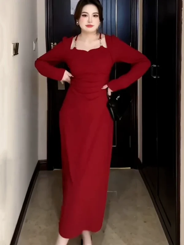 大码法式高级感方领露肩收腰长裙子女春秋胖mm显瘦内搭开叉连衣裙 - 图片 4