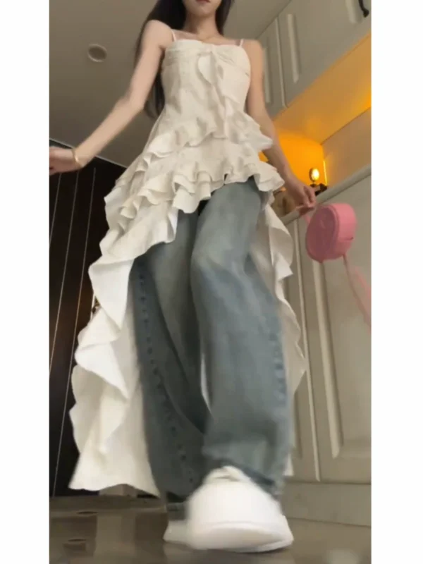 法式超仙不规则裙摆碎花长裙牛仔裤叠穿辣妹裙子吊带连衣裙女夏季 - 图片 3