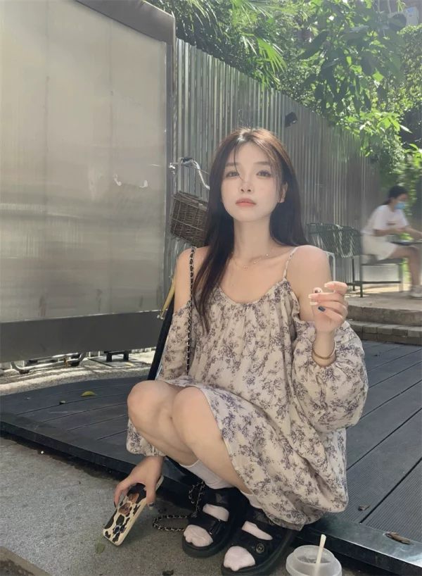PPHOME恋恋花仙子～甜美小清新碎花裙露肩防晒长袖显瘦宽松连衣裙 - 图片 3