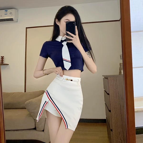 jk制服套装裙女夏足浴技师工作服学院风网红小个子短袖性感连衣裙 - 图片 3