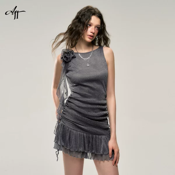 AFFFREEDOM 气质银线网纱无袖连衣裙女夏褶皱收腰背心裙修身短裙 - 图片 2
