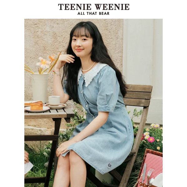 【赵露思同款】TeenieWeenie小熊2023夏季新款蕾丝牛仔连衣裙女 - 图片 2