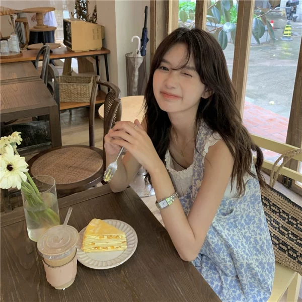 PPHOME淡雅小妹~温柔清新碎花裙夏季甜美奶油花边吊带连衣裙长裙 - 图片 4