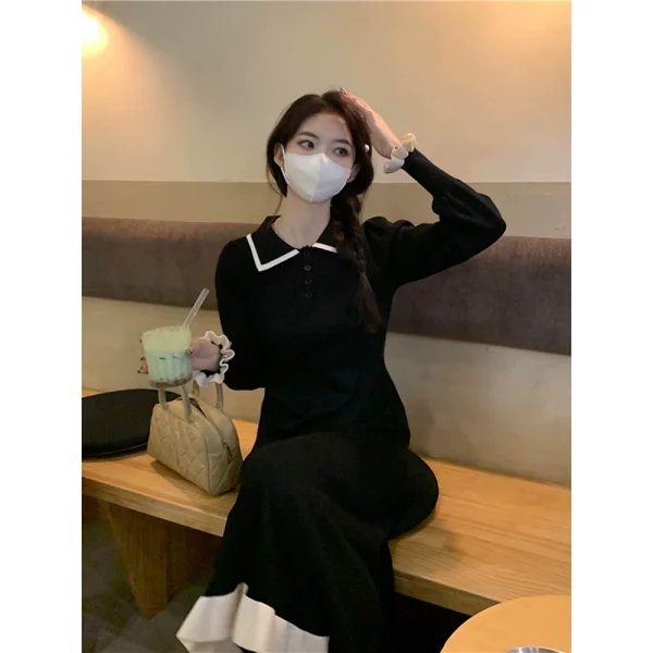 polo领针织连衣裙女秋季2023新款气质撞色中长款收腰显瘦长袖裙子 - 图片 3