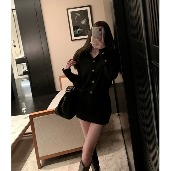 titi小姐姐【巴黎夜未眠】包臀衬衫裙麂皮绒一体收腰显瘦连衣裙 - 图片 3