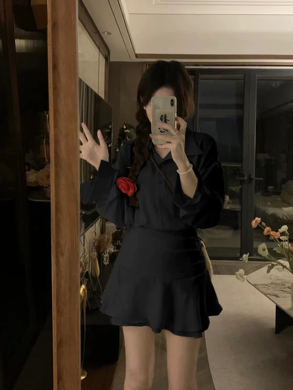大码赫本风假两件连衣裙女秋季收腰显瘦衬衫裙胖mm辣妹包臀短裙子 - 图片 3