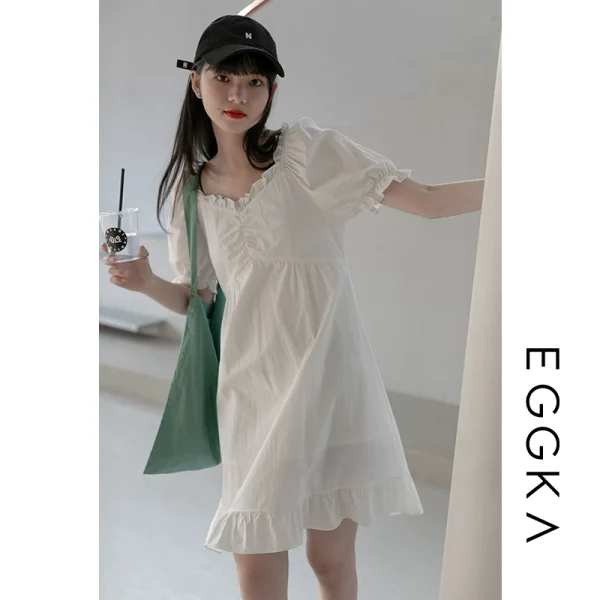 EGGKA泡泡袖连衣裙女小个子2021夏季新款宽松显瘦短裙设计感裙子
