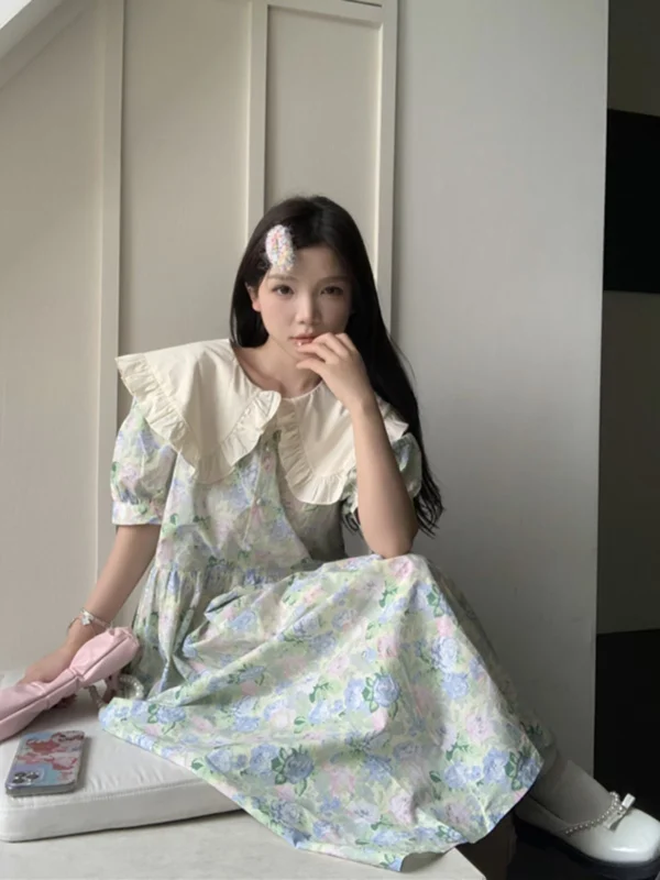 温柔风娃娃领碎花连衣裙女夏季新款法式减龄小个子泡泡袖中长裙子 - 图片 6