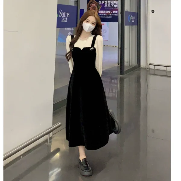 秋冬季2022年新款赫本风高级感丝绒假两件连衣裙女小个子法式裙子 - 图片 3