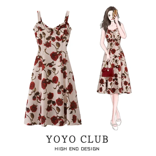 YOYO CLUB大码女装凡尔赛玫瑰吊带裙夏季海边度假碎花茶歇连衣裙 - 图片 2
