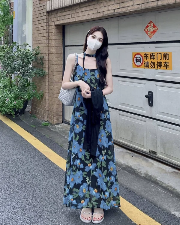 大码女装吊带连衣裙女夏季碎花海边沙滩裙胖mm遮肚显瘦裙子长裙 - 图片 5