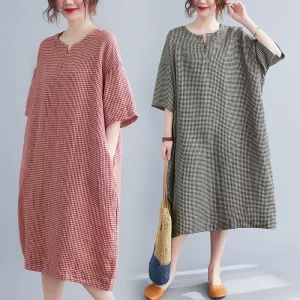 胖妹妹夏装2025新款棉麻大码女装遮肚格子短袖V领中长款A字连衣裙