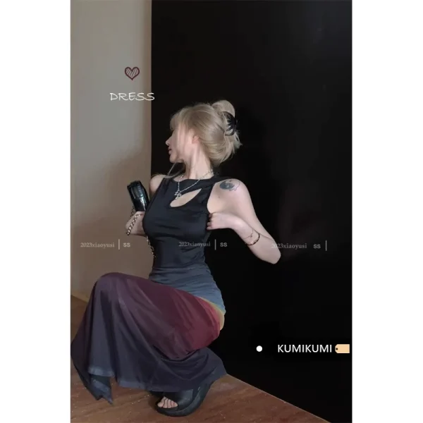 kumikumi设计感镂空背心连衣裙女夏季收腰显瘦包臀裙开叉长款裙子