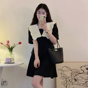 娃娃领短袖百褶连衣裙女秋季2022新款名媛气质收腰显瘦炸街A字裙