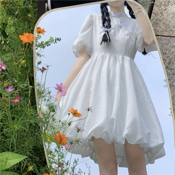 复古改良旗袍蓬蓬裙连衣裙女夏季泡泡袖灯笼裙可爱甜美盘扣小裙子 - 图片 4