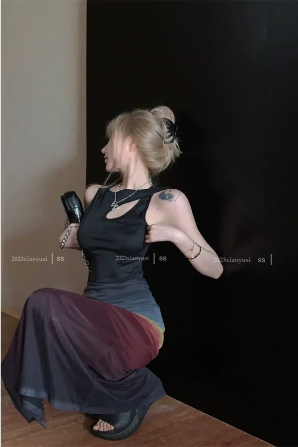 kumikumi设计感镂空背心连衣裙女夏季收腰显瘦包臀裙开叉长款裙子 - 图片 3