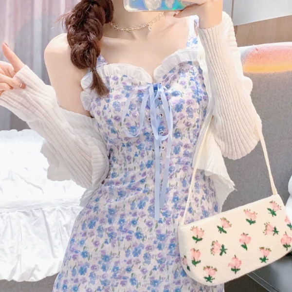 碎花吊带连衣裙女春装2022新款小众设计感茶歇裙子夏防晒开衫套装 - 图片 3