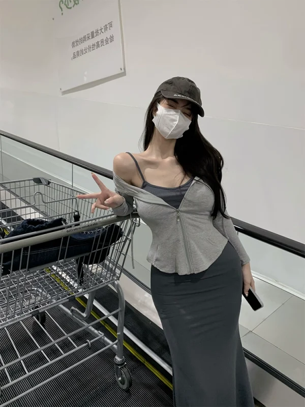 微胖辣妹紧身性感吊带连衣裙秋装女气质收腰显瘦包臀裙套装两件套