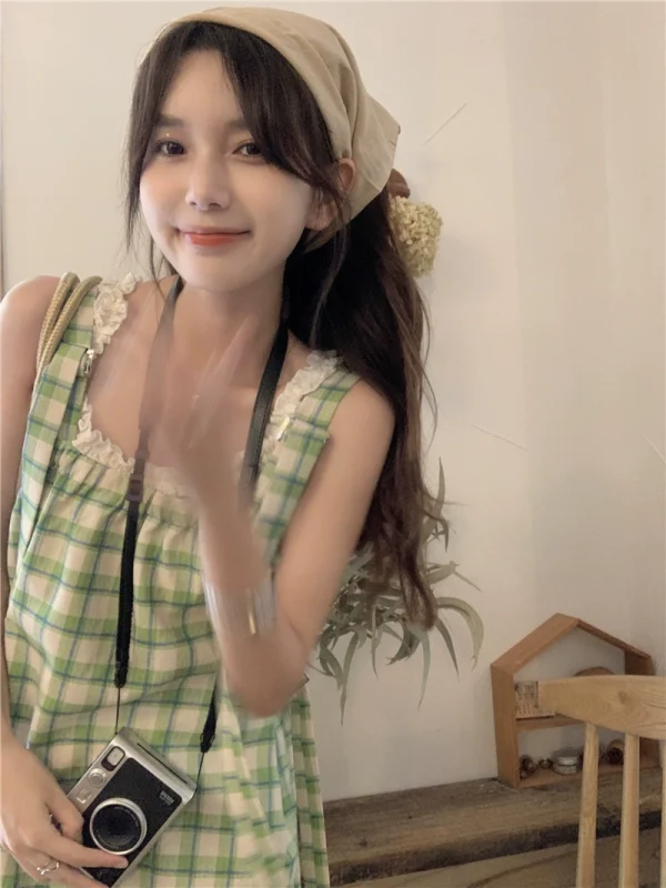 PPHOME翠果茵茵~夏日青绿甜格可调节格纹背带裙潮连衣裙两件套女 - 图片 2