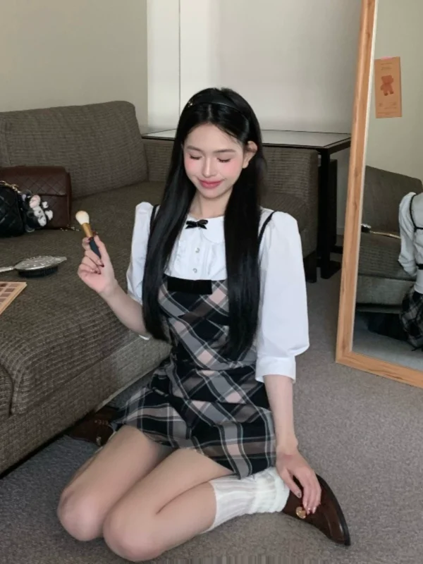 复古格纹蝴蝶结吊带连衣裙2024春款女装包臀裙小个子学院风短裙子 - 图片 2