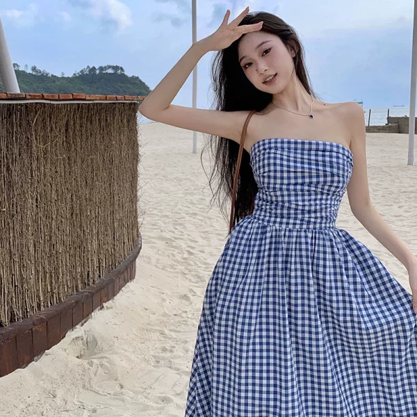 夏季格子吊带抹胸连衣裙女法式高级感复古气质收腰显瘦度假长裙子 - 图片 4