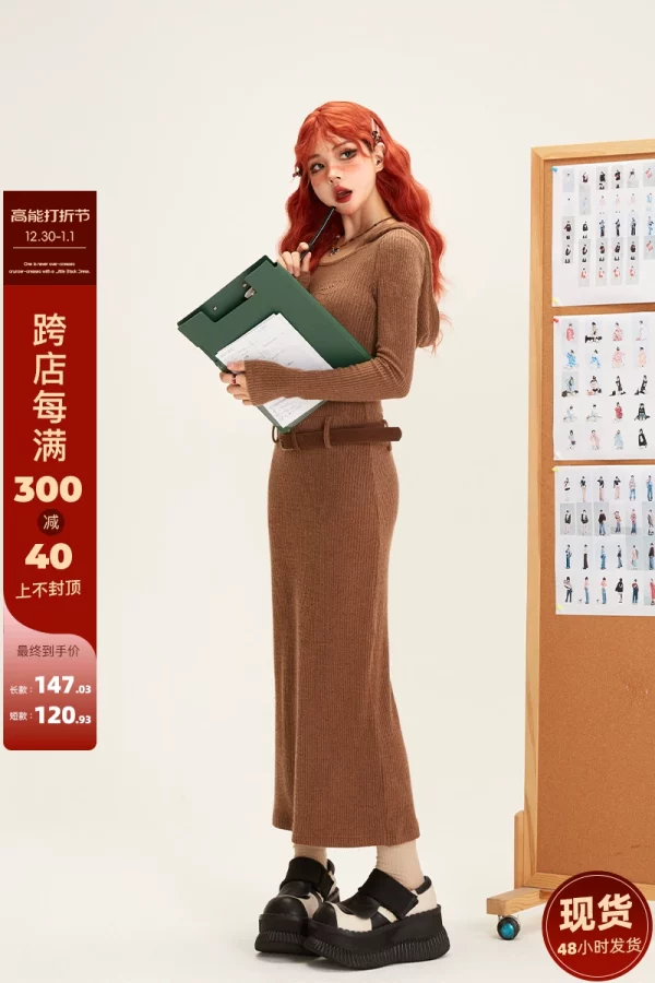 现货11SH97连帽针织连衣裙女秋冬季辣妹长短款裙子长袖包臀裙 - 图片 6