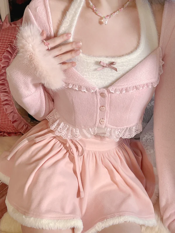 莉摩Bobon21节日氛围软糯毛绒花边吊带连衣裙毛针织开衫套CD2180 - 图片 5